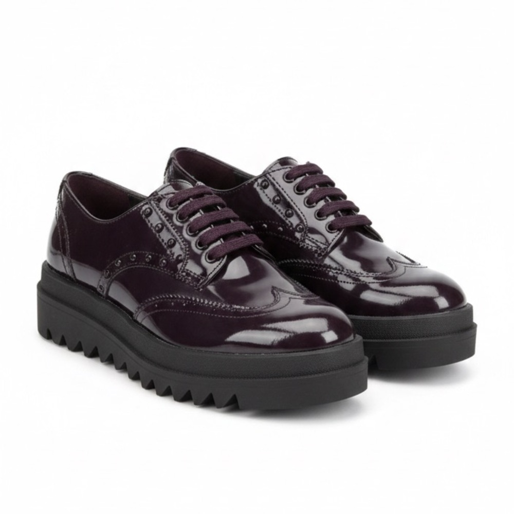 Zara Burgundy Patent Leather Platform Brogues - Size 7.5